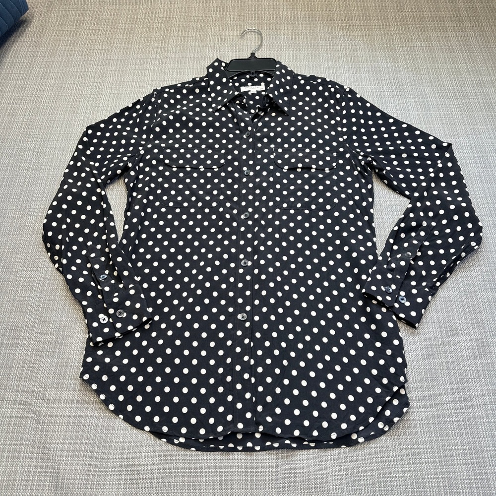 Equipment Silk Polka Dot Button Shirt Medium Parisian Office Sheer Black Eclipse
